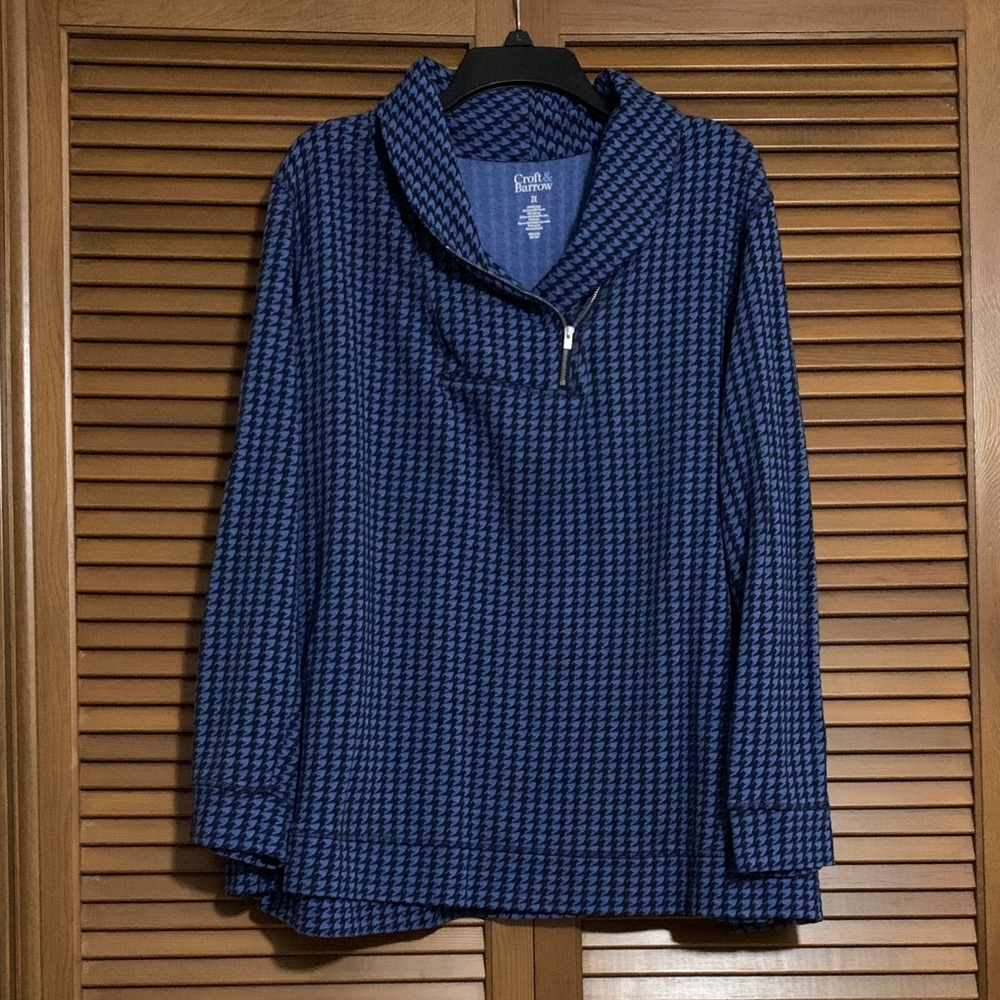 Croft & Barrow Blue Black Houndstooth Pullover Top 2X